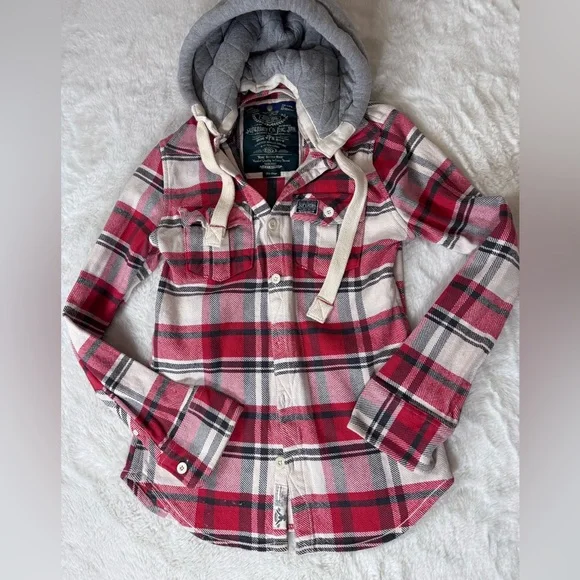 SUPERDRY Girls Hooded Lumberjack Shirt Large Large Red Check Cotton
